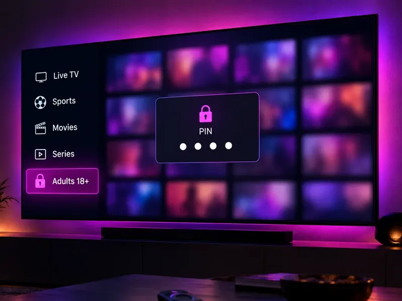 Smart TV showing an IPTV app with Live TV, Sports, Movies, Series and an Adults 18+ category locked with a PIN